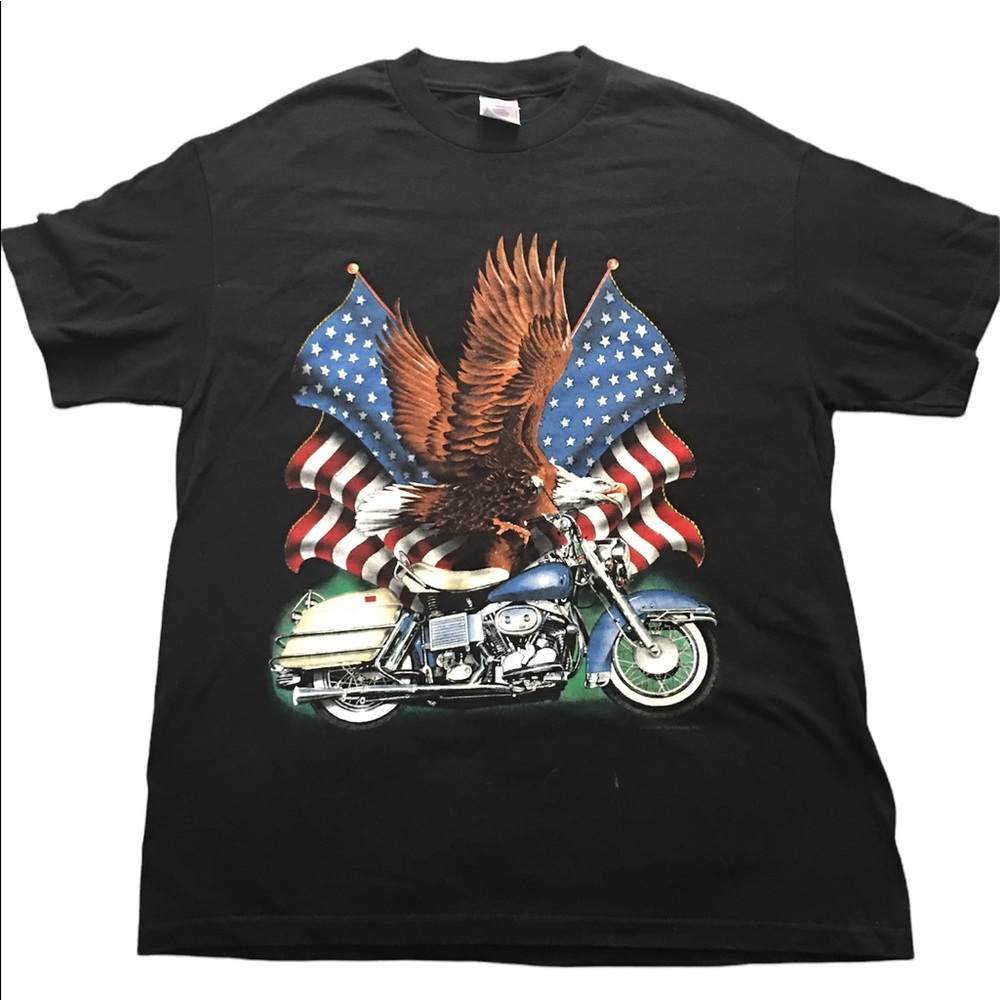 A shirt with an American flag, an eagle, and a motorcycle